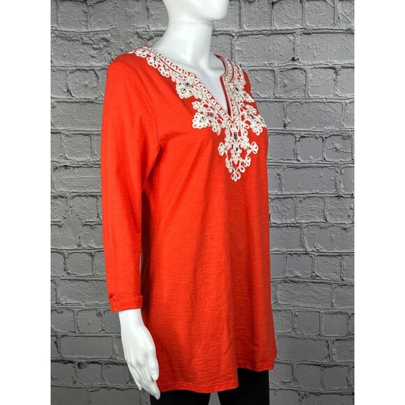 Peter Nygard Womens Small Embroidered Tunic Top Orange V-Neck 3/4 sleeve - Picture 5 of 8